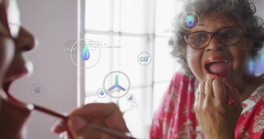 Elderly Woman Applying Lipstick with Tech Elements Reflection