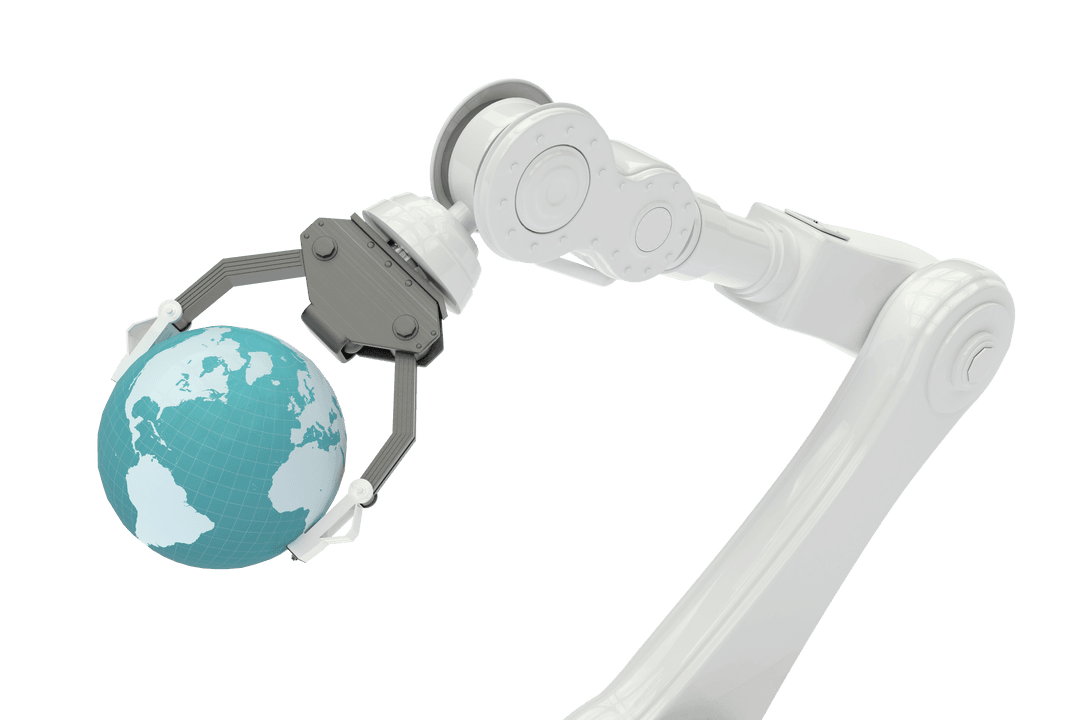 Robotic Arm Holding Colorful Globe on Transparent Background
