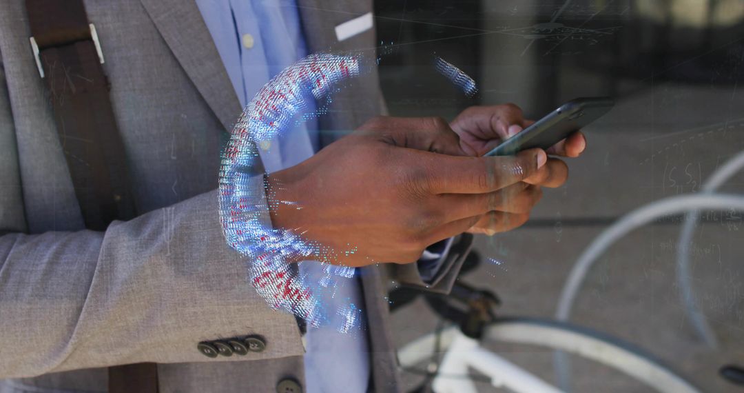 Business Professional Checking Smartphone with Holographic Tech Display