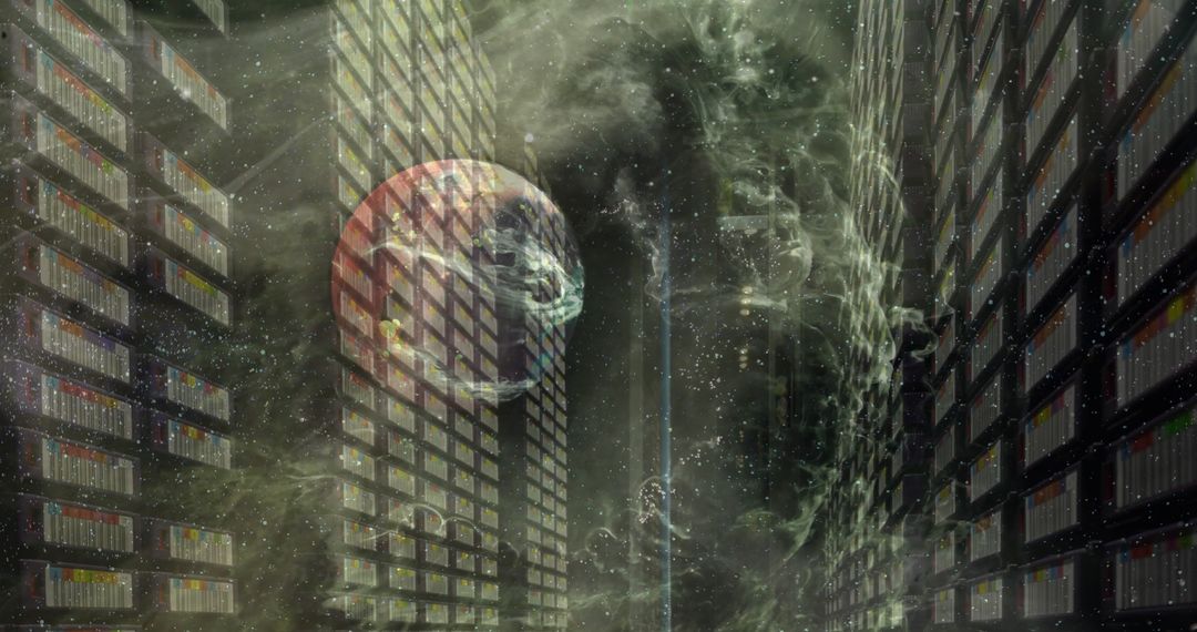 Futuristic Planetary Data Center Surrounded by Cosmic Fog