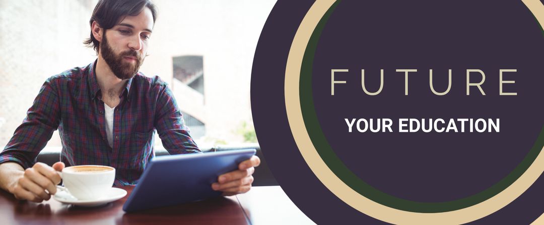 Man with Tablet and Coffee Promoting Educational Advancement