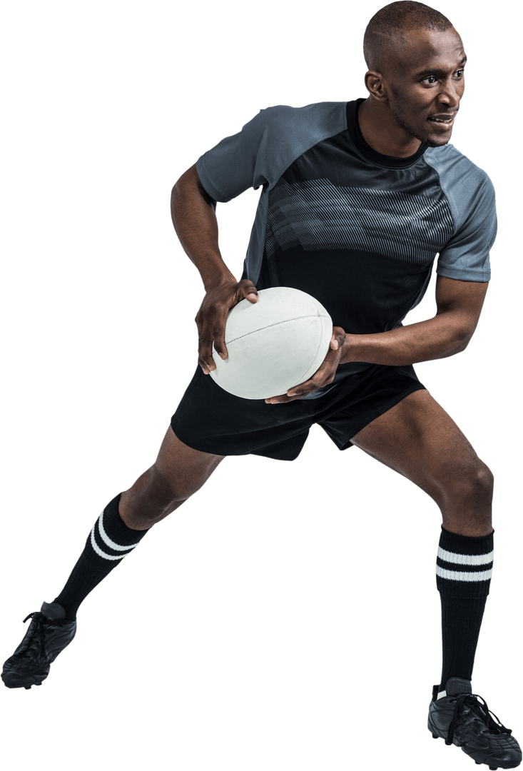 Determined Rugby Player Holding Rugby Ball on Transparent Background