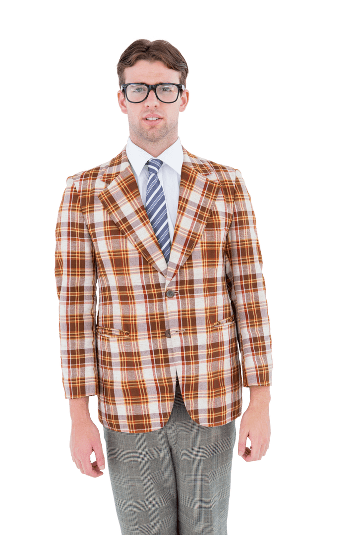Geeky Hipster in Retro Checkered Jacket – Transparent Background