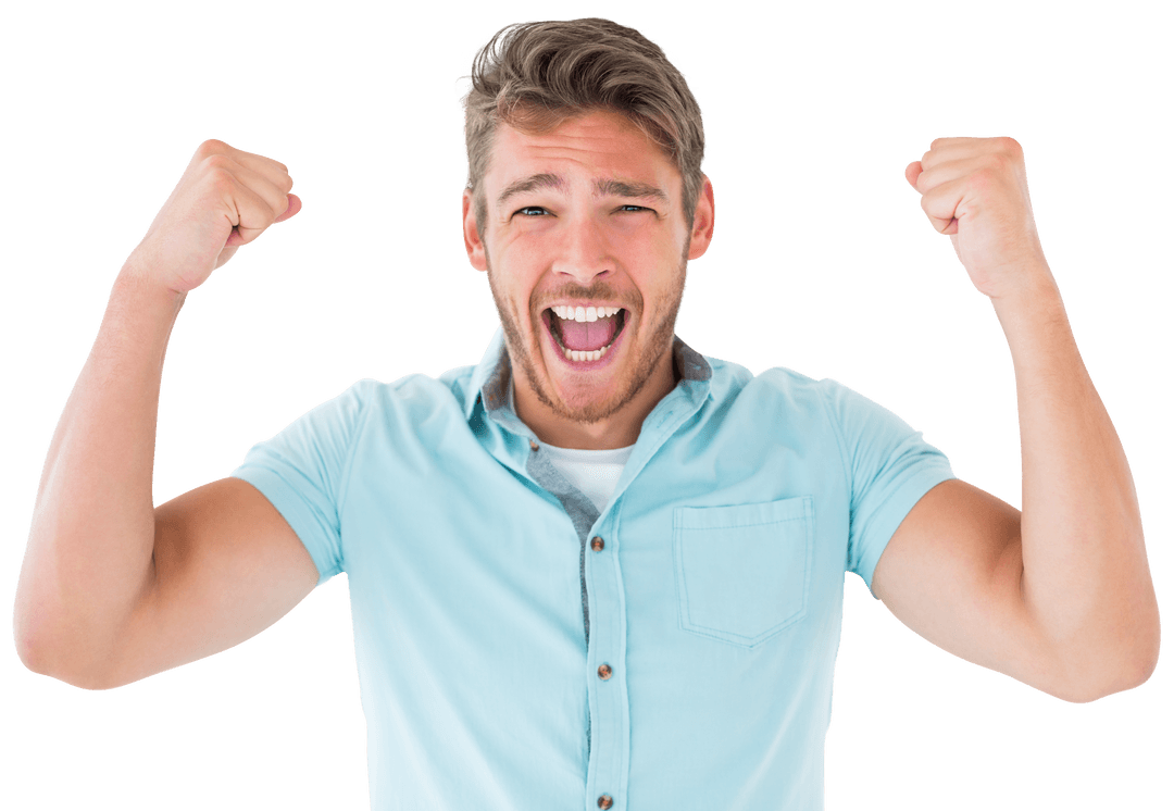 Excited Young Man Cheering with Transparent Background