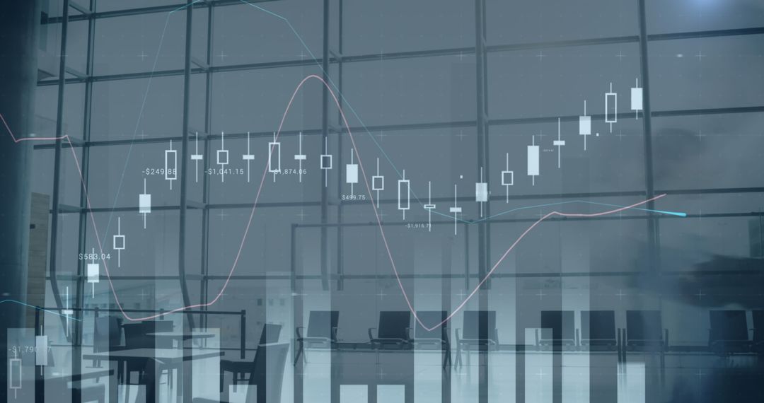 Digital Stock Market Trends Overlay on Office Environment