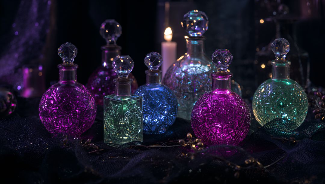 Elegant Glass Perfume Bottles Glowing Amidst Candlelight