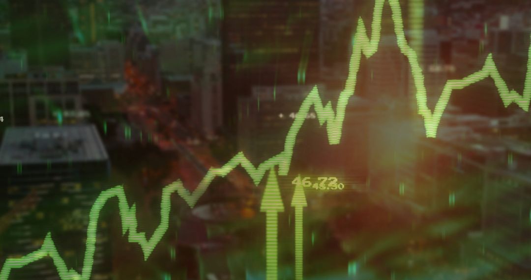 Financial Data with Trends and Arrows Over Cityscape