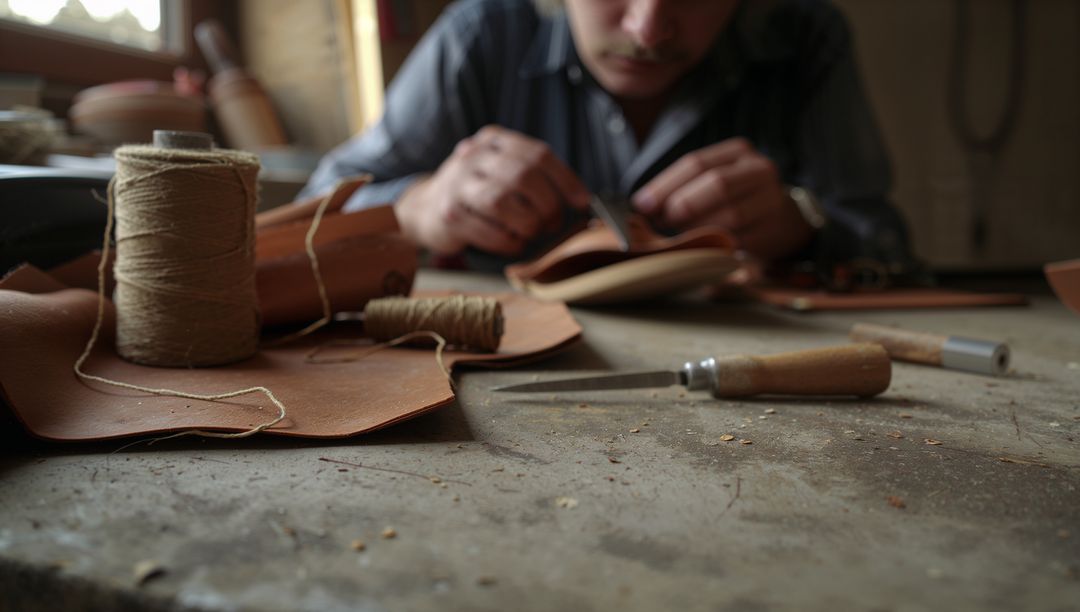 Leather Craftsman Hand-Stitching on Rustic Workbench with Thread Spool and Tools, Close-Up