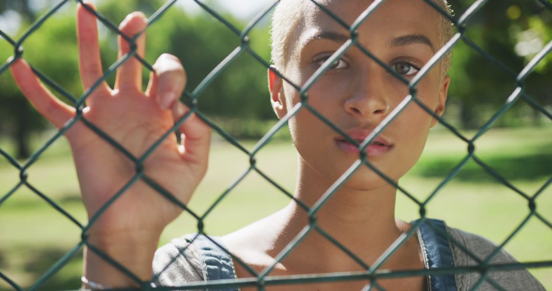 Portrait of biracial woman holding chain-link fence at park - Free Images, Stock Photos and Pictures on Pikwizard.com
