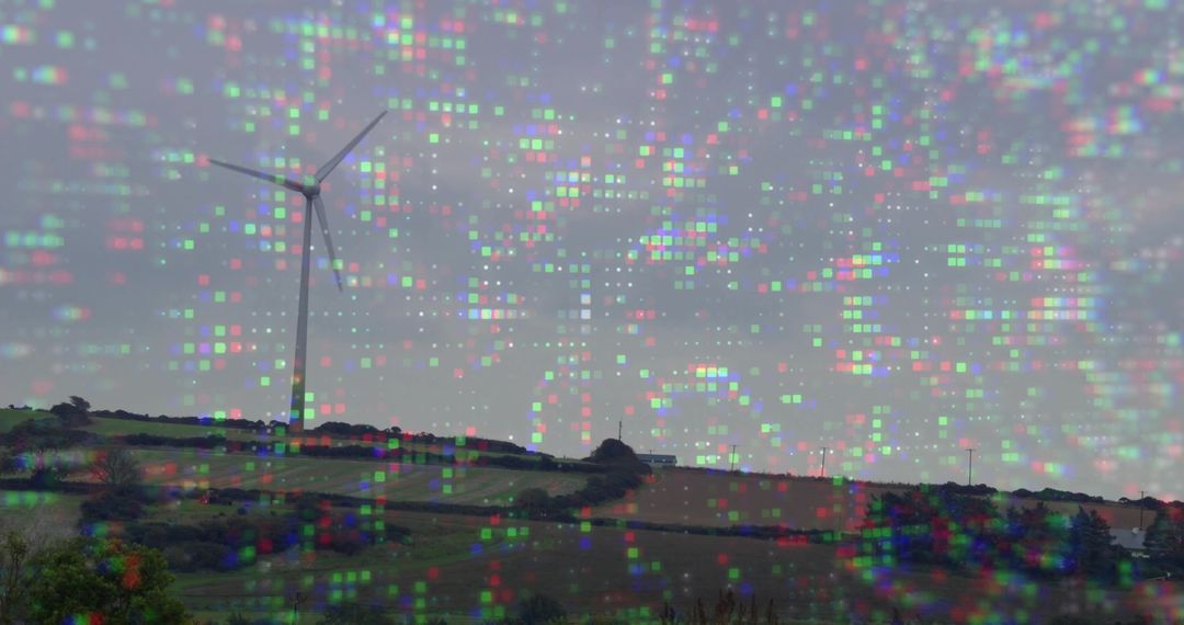 Wind Turbine on Hillside with Futuristic Digital Overlay