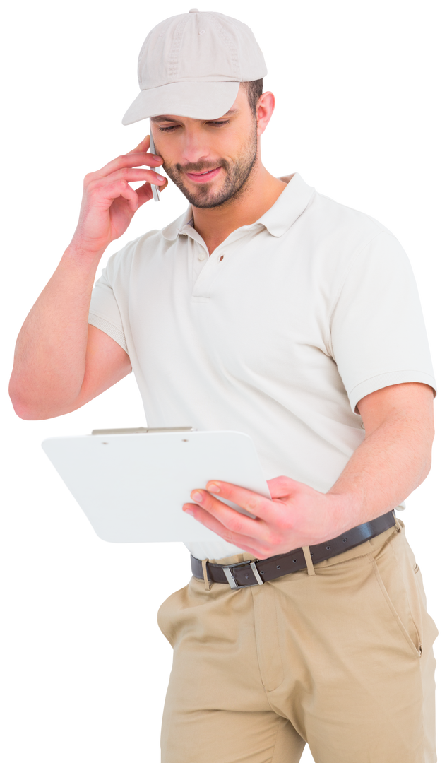 Transparent Delivery Man Talking On Mobile Phone While Using Clipboard - Download Free Stock Images Pikwizard.com