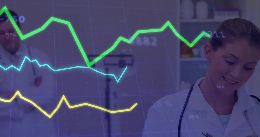 Healthcare Professional Analyzing Clinical Data with Graphs Overlay