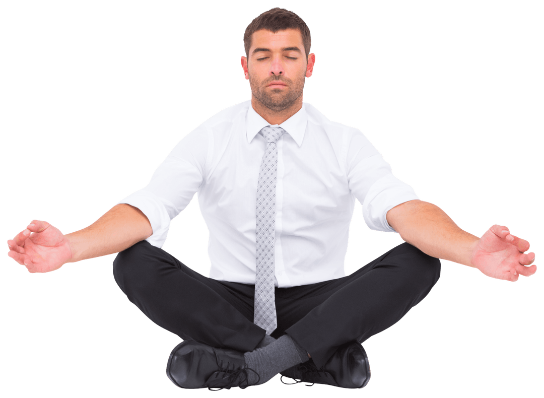 Transparent Businessman Meditating in Lotus Pose Balanced Mindfulness
