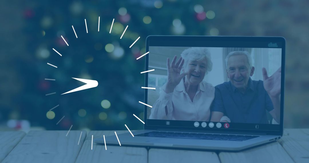 Senior couple waving on video call by holiday tree, clock overlay for virtual family moment