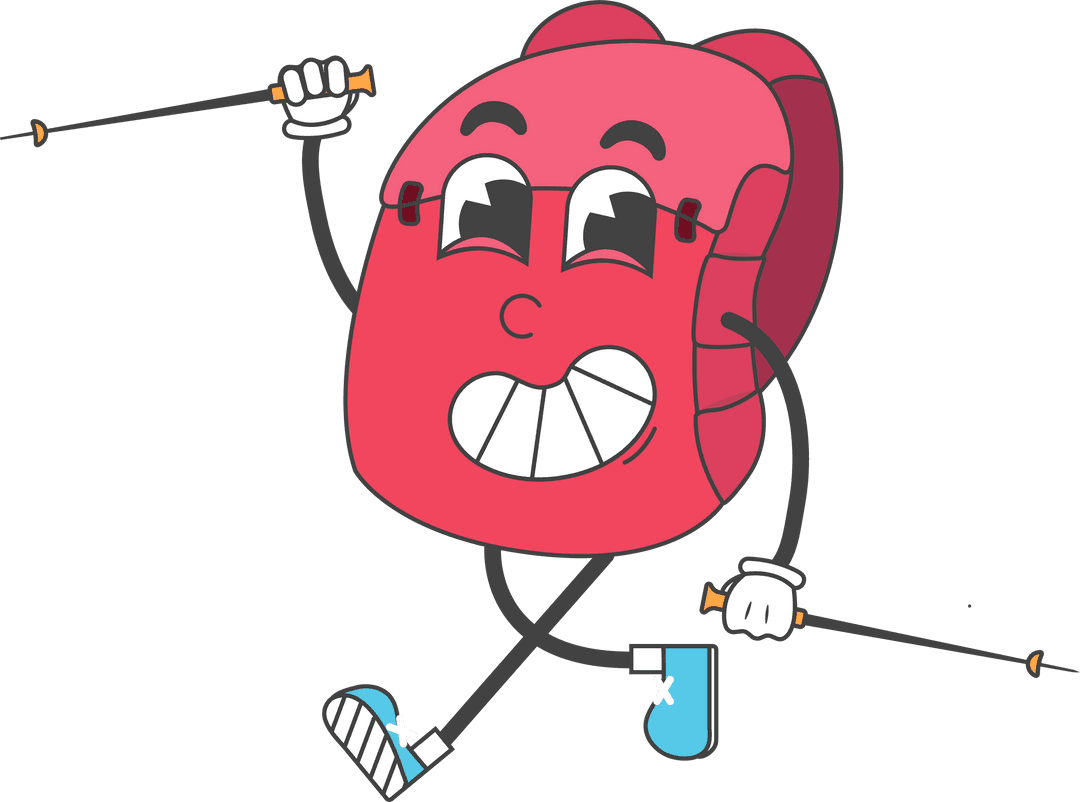 Cartoon Red Backpack Skiing with Mismatched Footwear in Transparent Background