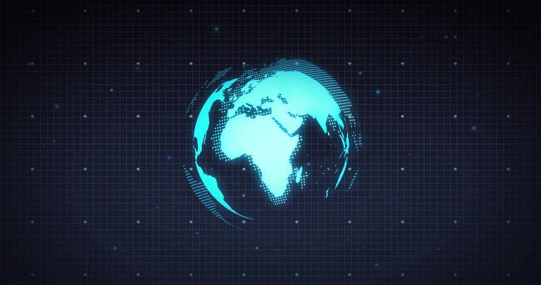 Rotating cyan holographic globe on digital grid with data arcs and halftone continents