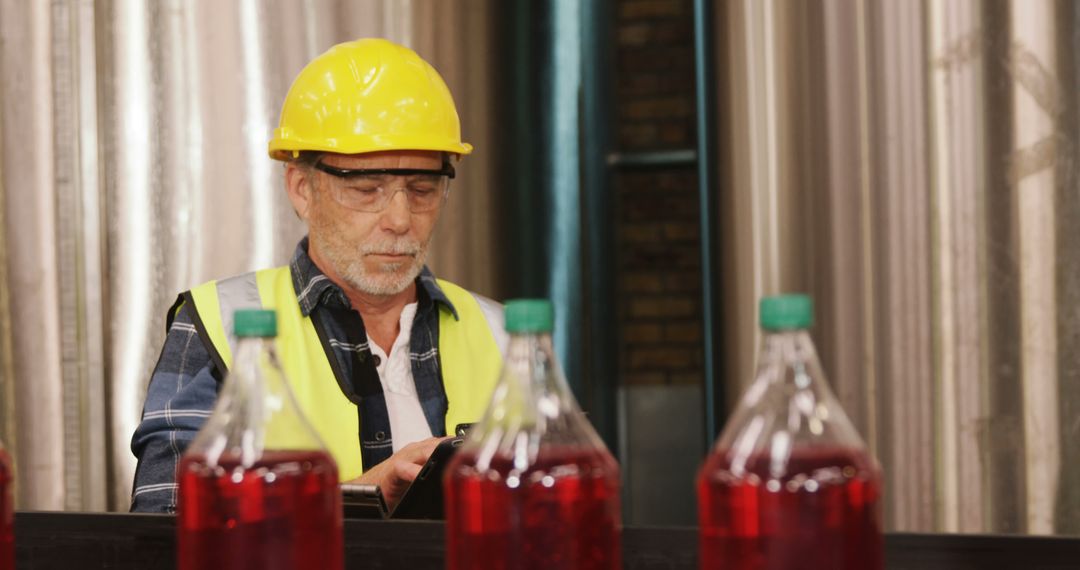 Senior Industrial Worker Inspecting Liquid Bottles - Free Images, Stock Photos and Pictures on Pikwizard.com