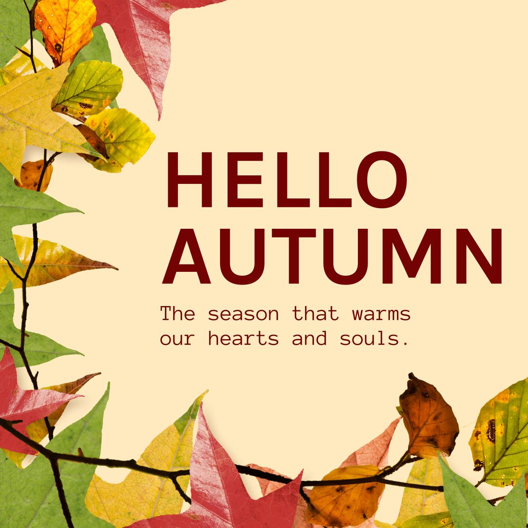 Hello Autumn Text Over Colorful Autumn Leaves on Yellow Background - Download Free Stock Templates Pikwizard.com