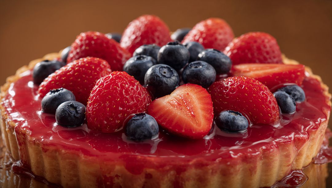 Glazed Berry Tart with Strawberries and Blueberries on Glossy Countertop Macro Pastry