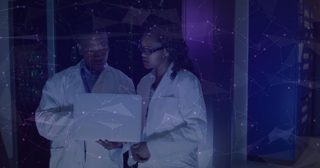 African American Workers Analyzing Data in Server Room with Digital Overlay