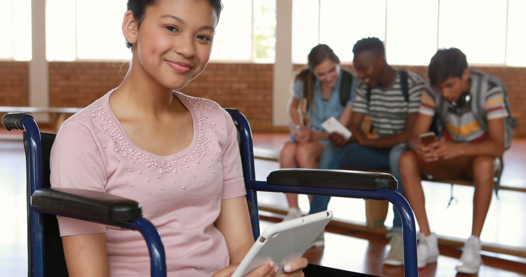 Smiling Teen Girl in Wheelchair Using Digital Tablet in School - Free Images, Stock Photos and Pictures on Pikwizard.com