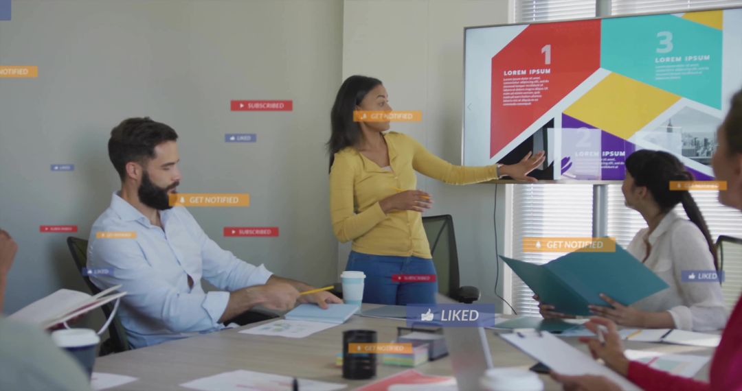 Team Collaborating While Woman Presenting Colorful Geometric Slide in Conference Room