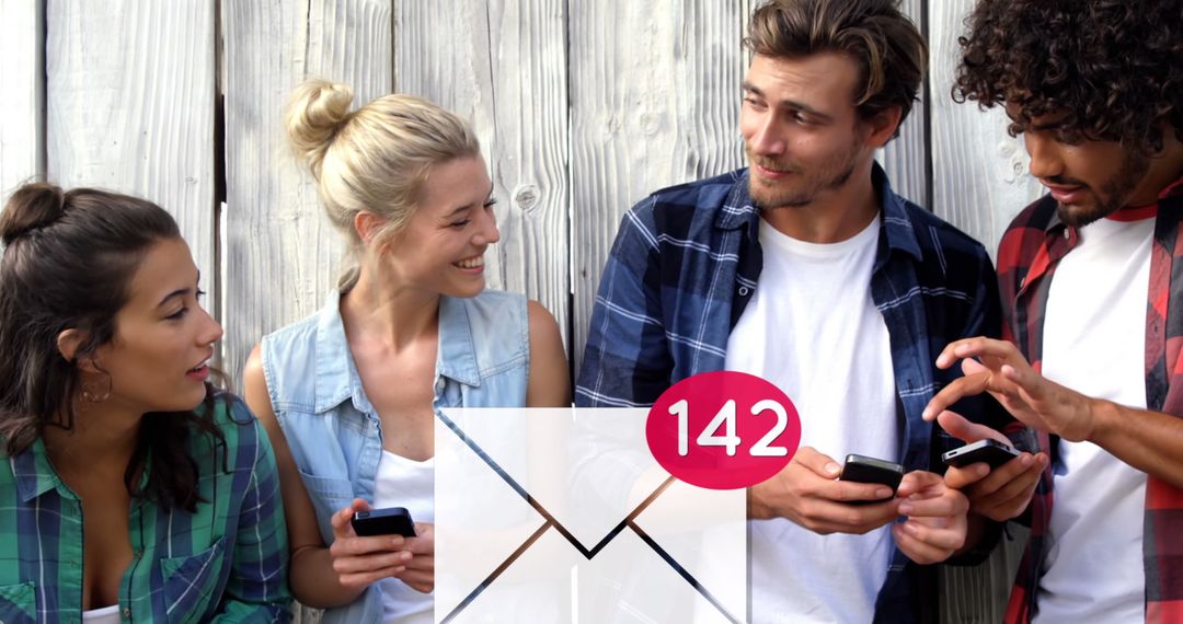 Friends Engaging with Smartphones Discussing Notifications Outside