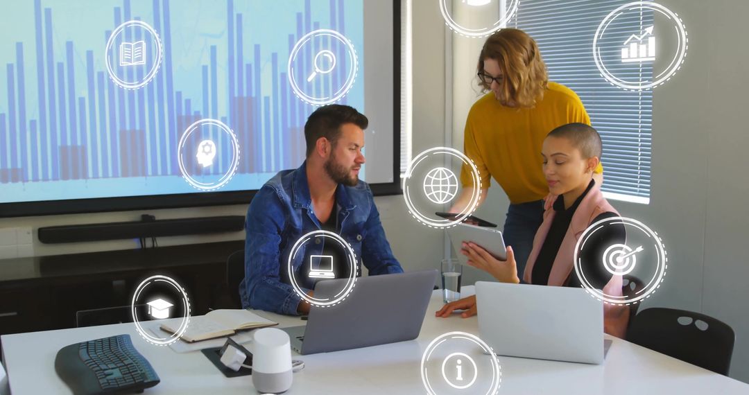 Diverse Team Collaborating in Digital Office with Innovative Interfaces