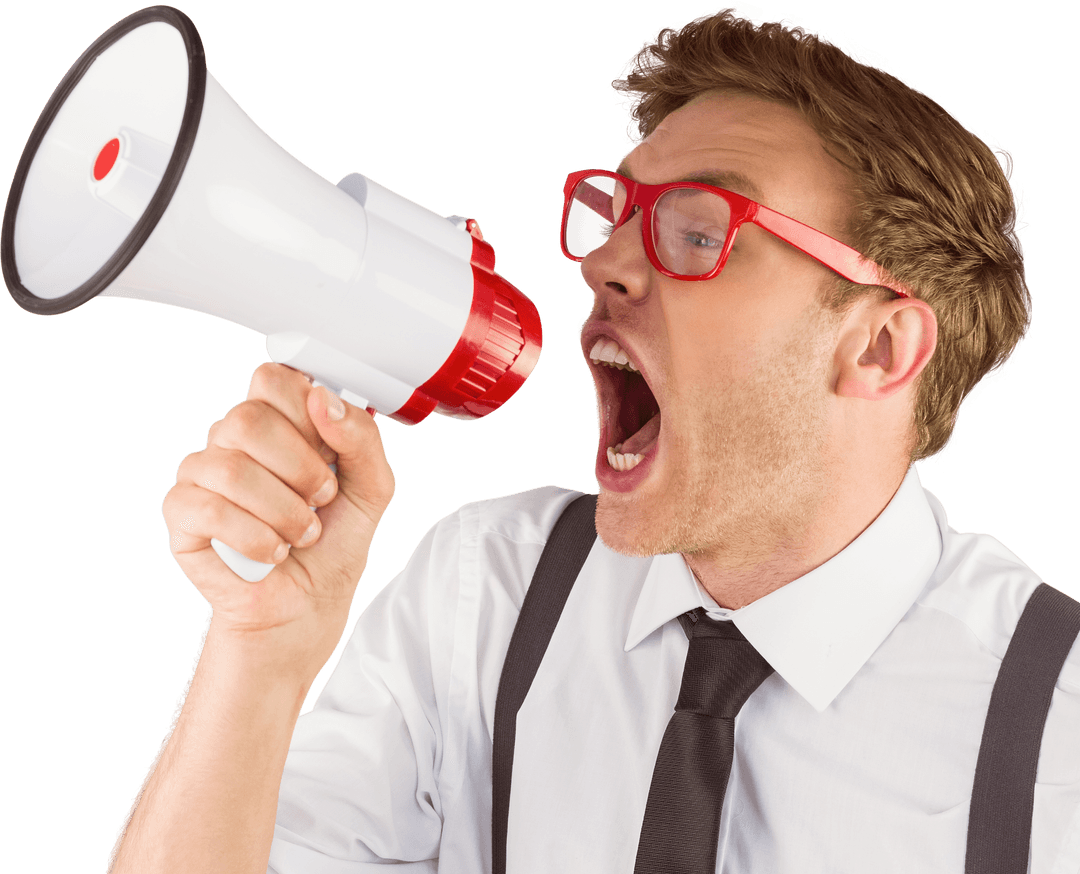 Transparent Geeky Businessman Shouting with Megaphone Emphasizes Urgency