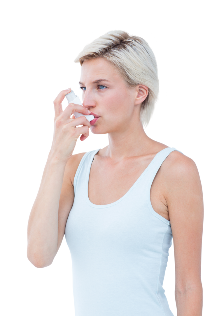 Woman With Asthma Using Inhaler on Transparent Background - Download Free Stock Images Pikwizard.com