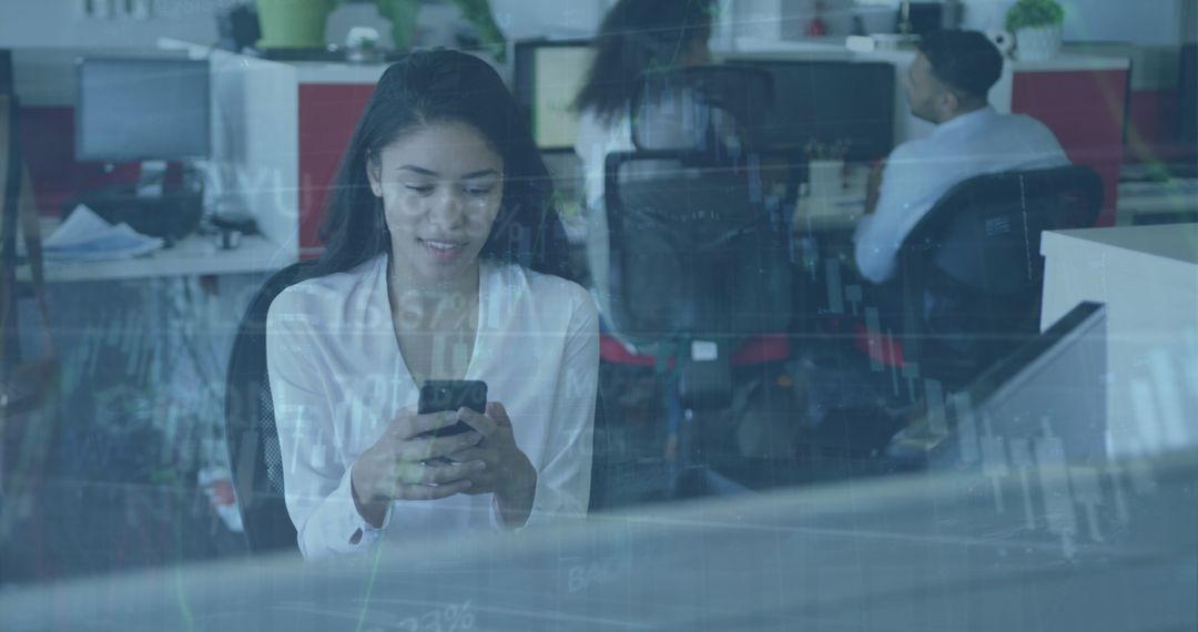 Financial Data Overlay with Businesswoman Using Smartphone