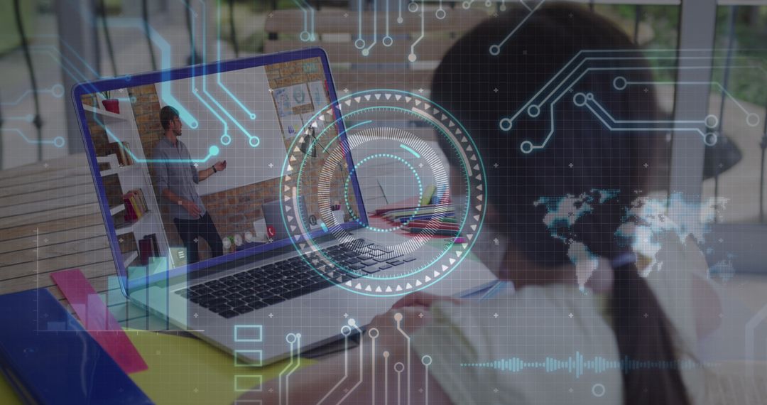 Girl Learning Online with Futuristic Digital Overlay