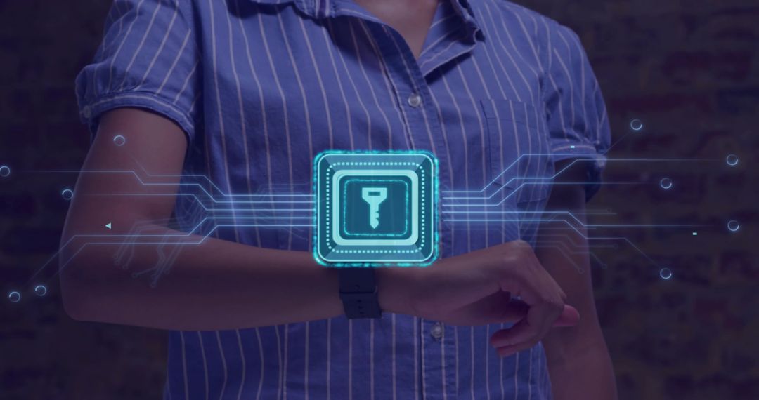 Woman Using Smartwatch Holographic Key Interface for Secure Wearable Authentication System