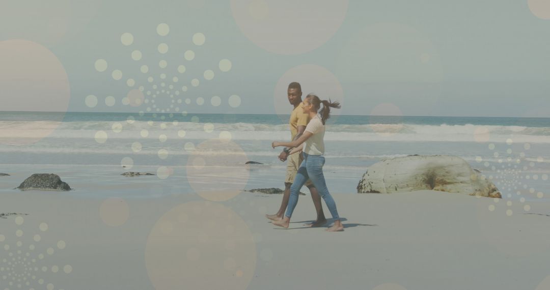 Couple Strolling on Sunny Beach with Abstract Overlays