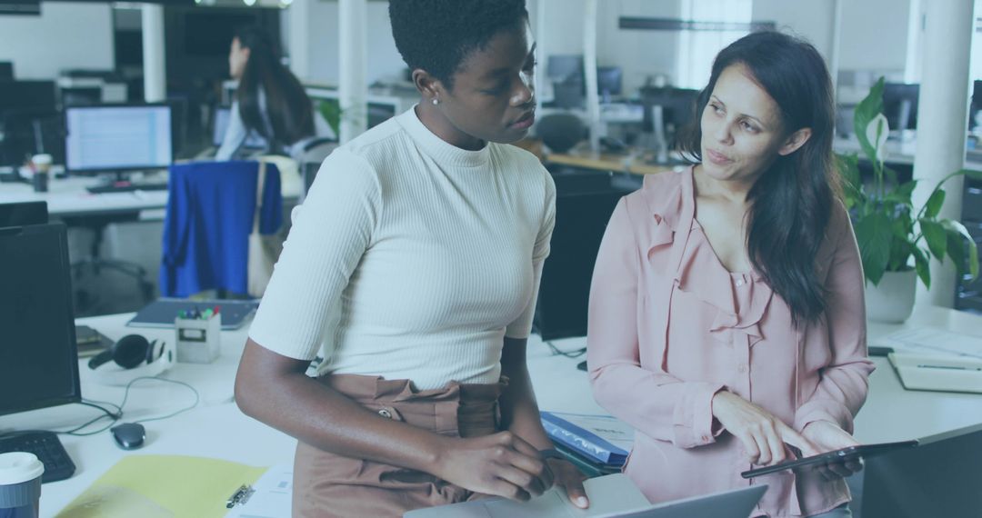 Women collaborating over laptop and tablet in modern open-plan office discussing strategy