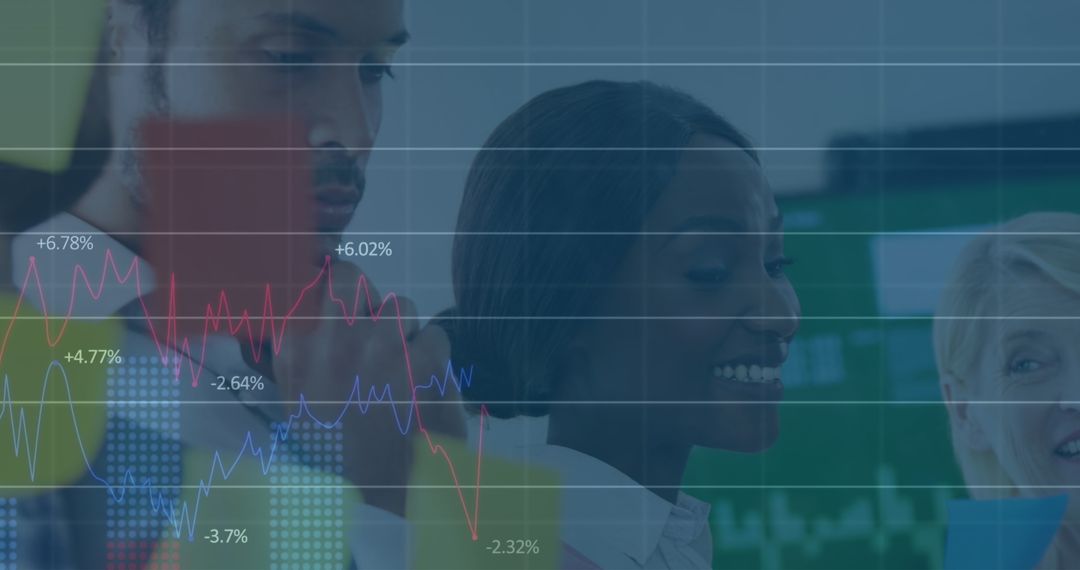 Diverse Team Analyzing Financial Data with Graphs Overlay