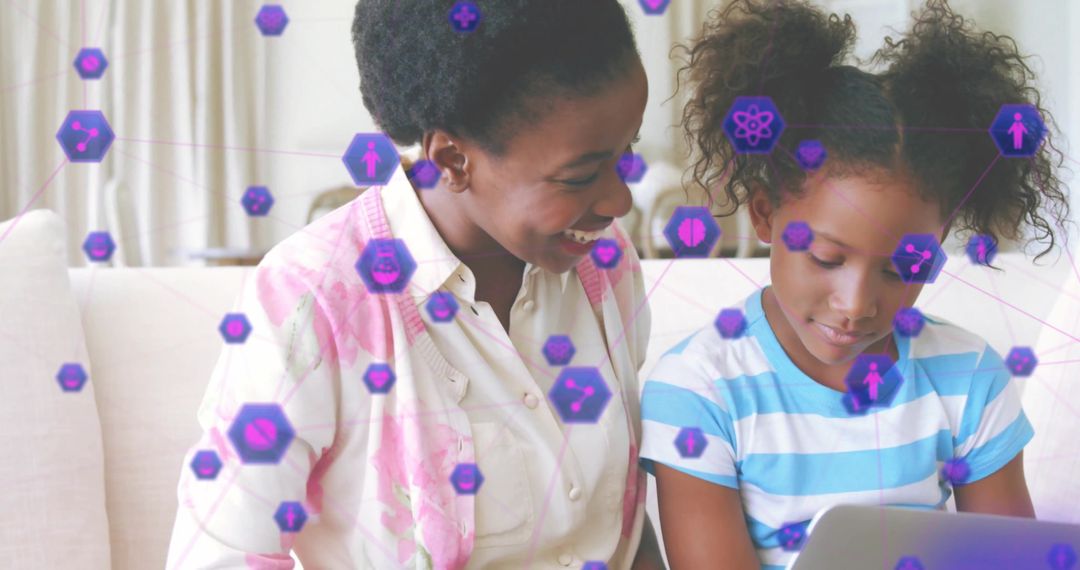 Mother and Daughter Exploring Technology with Digital Overlay