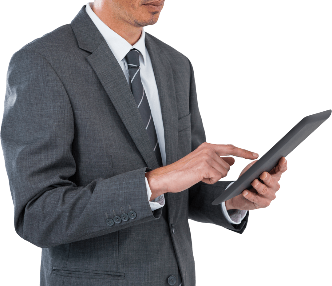 Sophisticated Businessman Using Digital Tablet Wooden Background