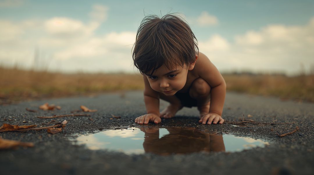 Curious Toddler Exploring Puddle on Rural Path Reflecting Sky and Face