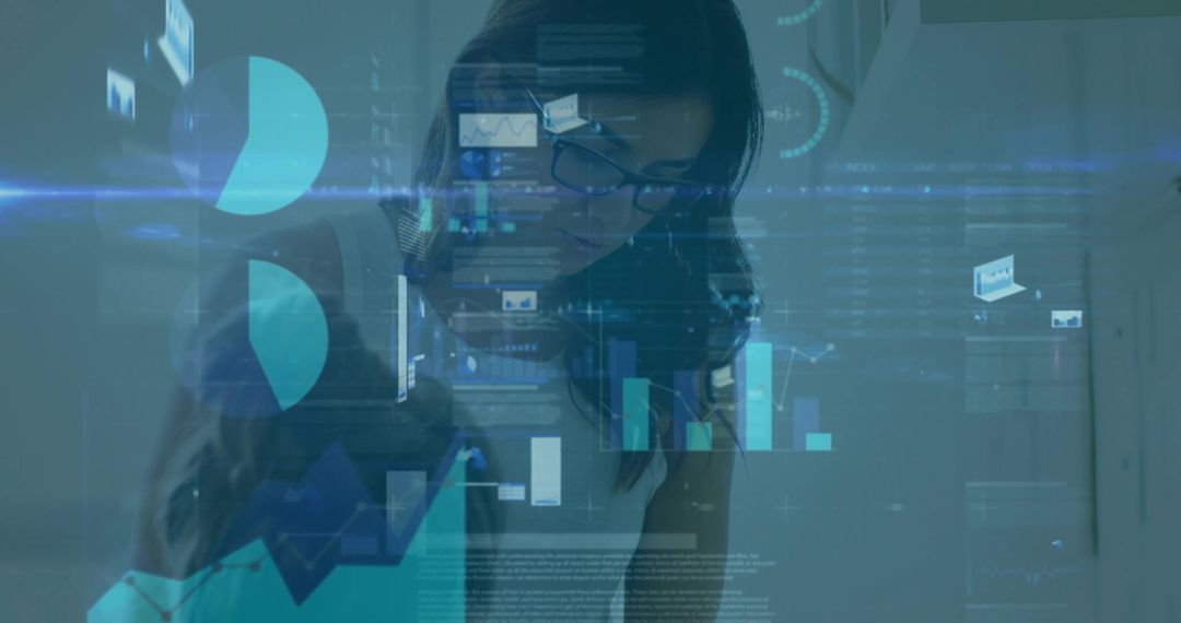 Businesswoman Engaging with Virtual Analytics in Modern Office