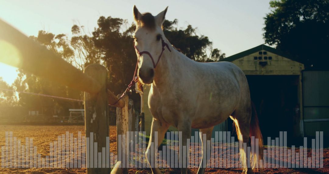 Rustic horse in countryside at sunset