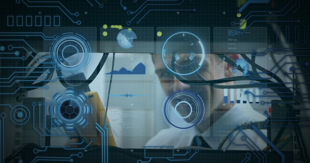 Digital Technology Interface with Man Inspecting Server Room