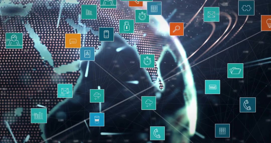 Global Network with Connecting Data Icons Over Earth