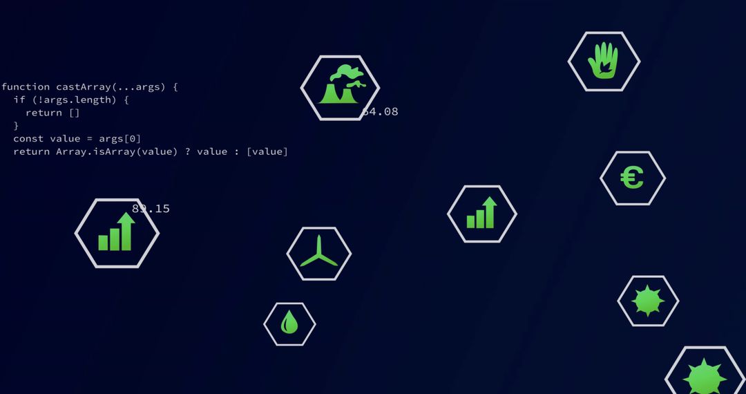 Hexagonal Data Dashboard Presenting Analytics Honeycomb with Code Overlay and Green Icons