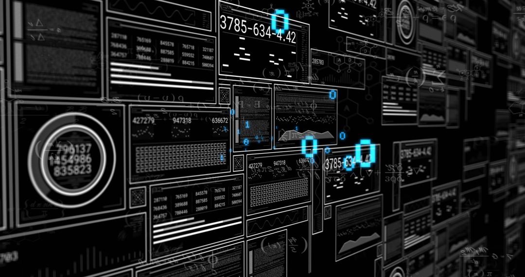 Displaying futuristic digital wall with glowing cyan nodes and data dashboards