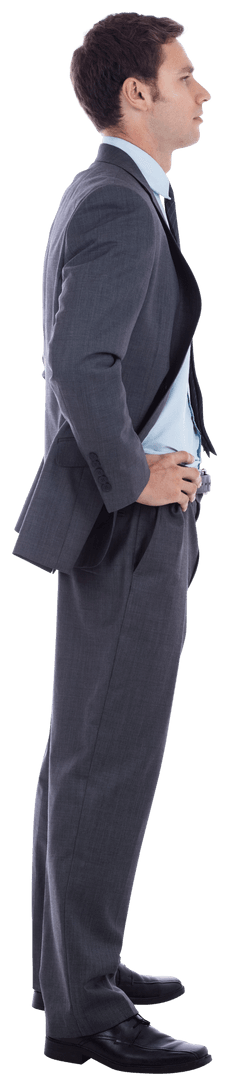 Transparent Serious Businessman Standing with Hands on Hips in Suit