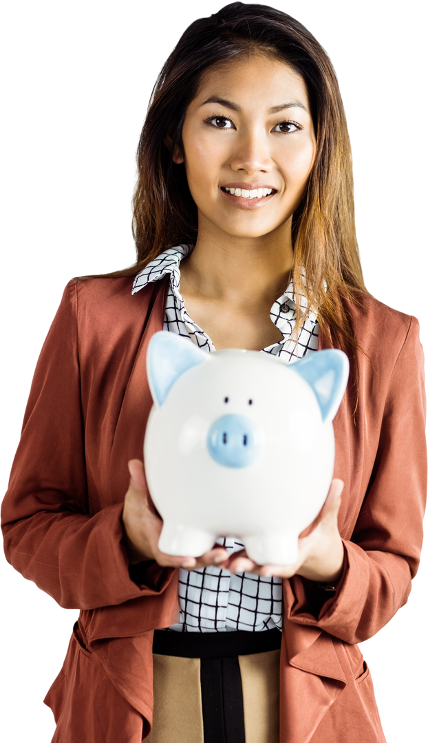 Transparent smiling businesswoman holding white piggy bank for savings concept - Download Free Stock Images Pikwizard.com