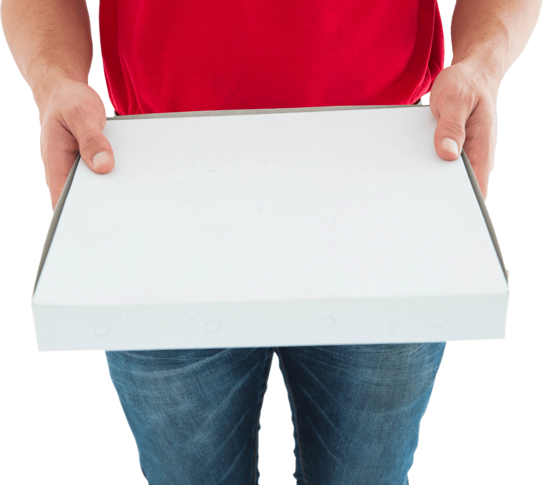 Delivery Person Holding Transparent Blank Pizza Box