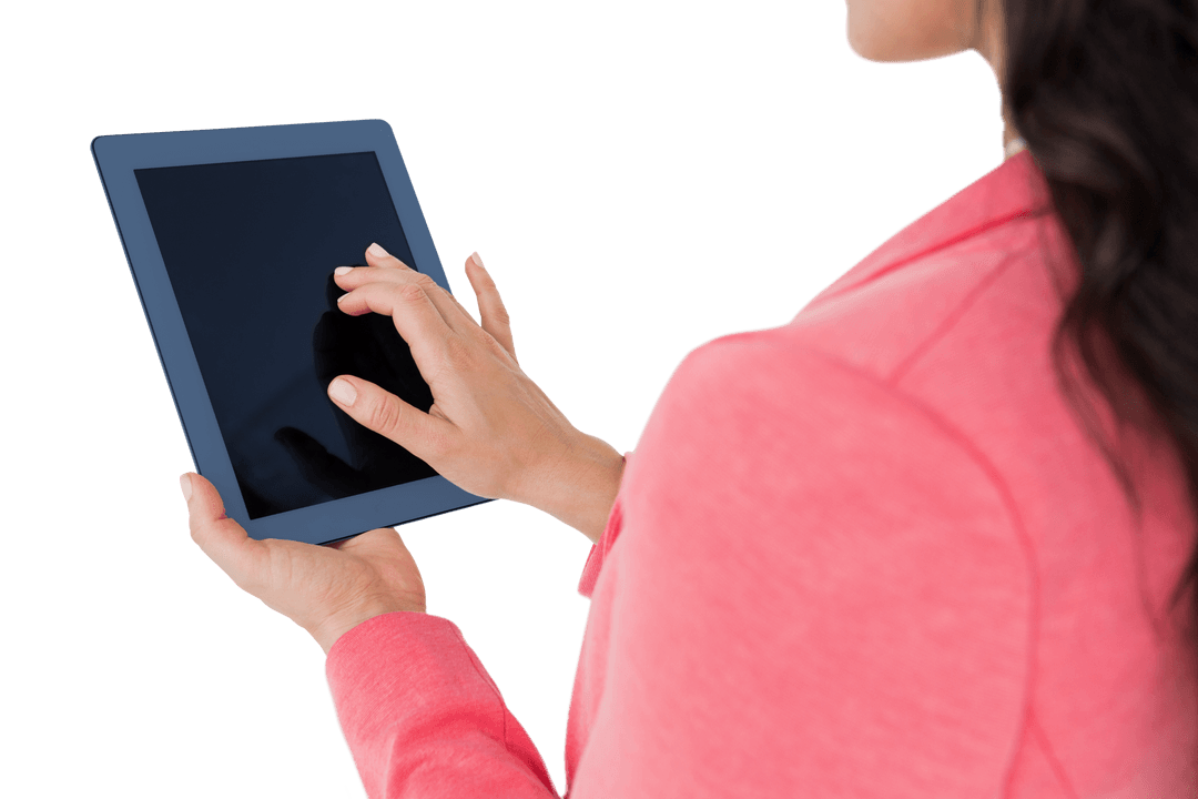 Businesswoman in Pink Blazer Using Tablet on Transparent Background