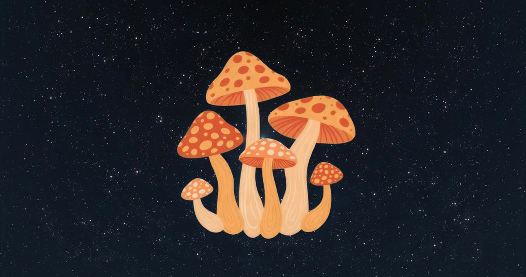 Floating Red Mushrooms in Celestial Backdrop Illustrating Imagination
